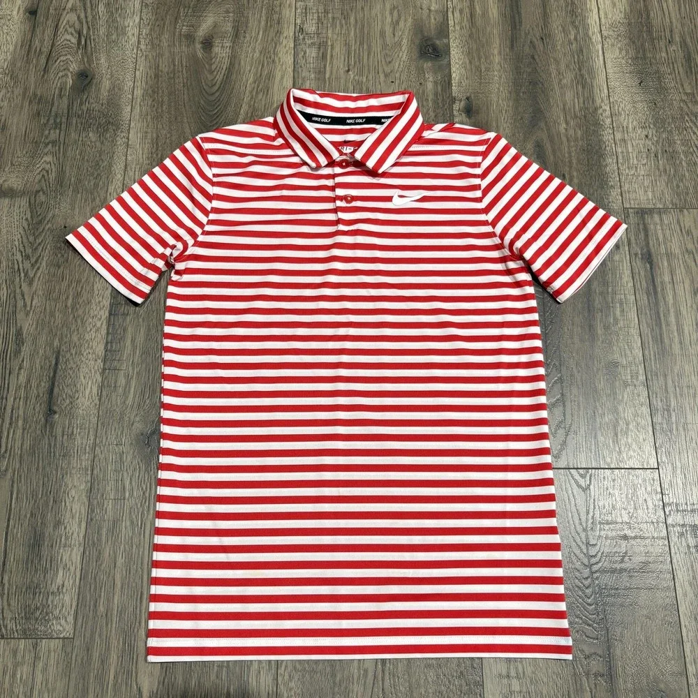 Nike Golf Dri-FIT Polo Shirt Youth Medium Red White Striped Golf AA3887-658